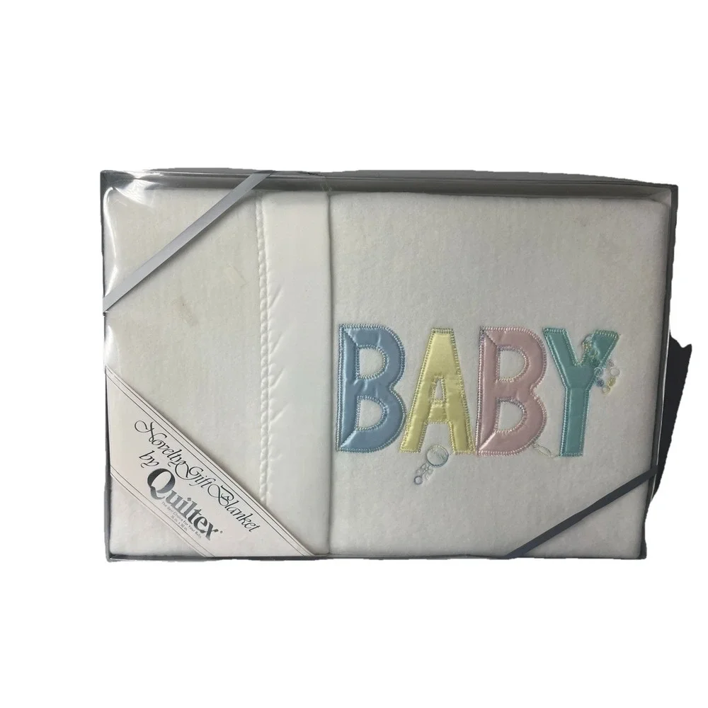 Vtg Quiltex Baby Blanket White Acrylic Satin Trim‎ Soft 36x50 In Gift Box